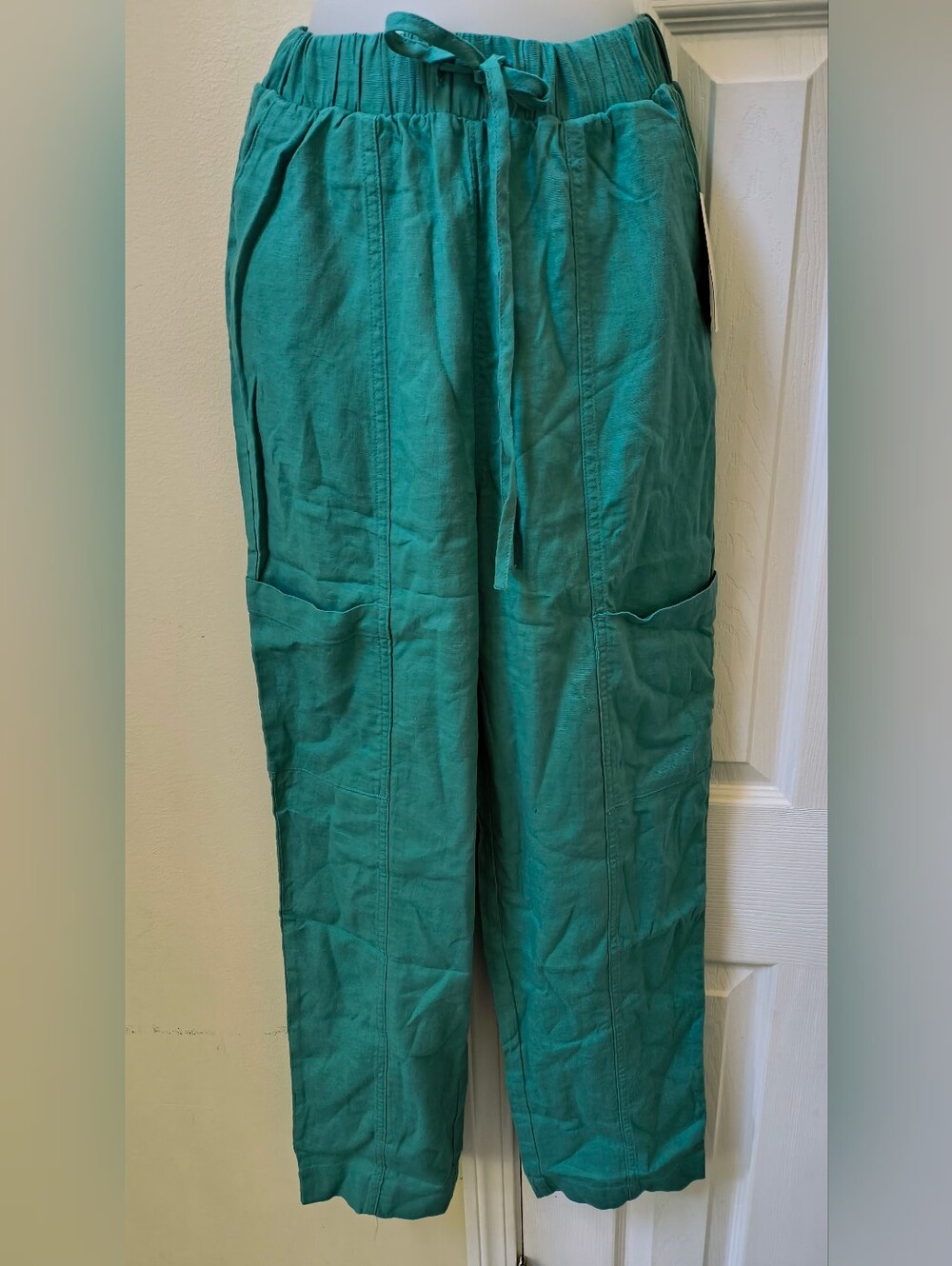Women's Relaxed Drawstring Cargo Pants in Teal Green